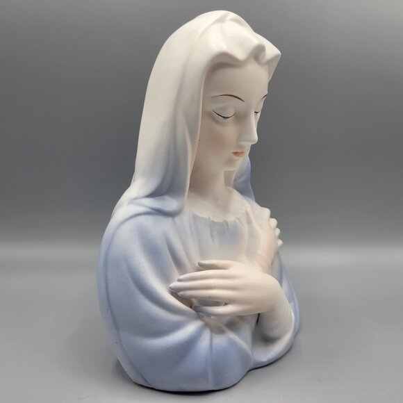 Vintage Enesco Japan Virgin Mary Ceramic Bust Figurine Blue White Religious Deco - Picture 3 of 14